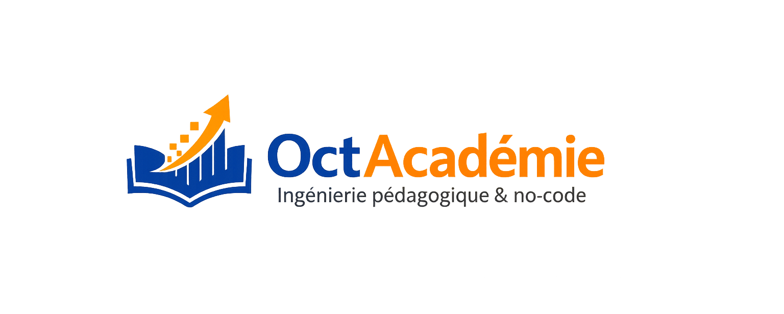 Logo OctAcadémie : texte 'OctAcadémie' en bleu et orange, avec tagline 'Ingénierie pédagogique & no-code' en gris en dessous. À gauche, icône stylisée d’un livre bleu ouvert avec une flèche orange ascendante en pixels, symbolisant pédagogie et digital learning.