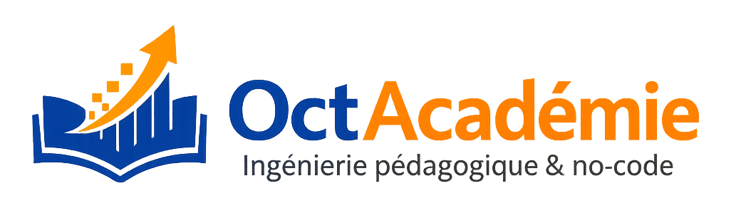 Logo OctAcadémie : texte 'OctAcadémie' en bleu et orange, avec tagline 'Ingénierie pédagogique & no-code' en gris en dessous. À gauche, icône stylisée d’un livre bleu ouvert avec une flèche orange ascendante en pixels, symbolisant pédagogie et digital learning.
